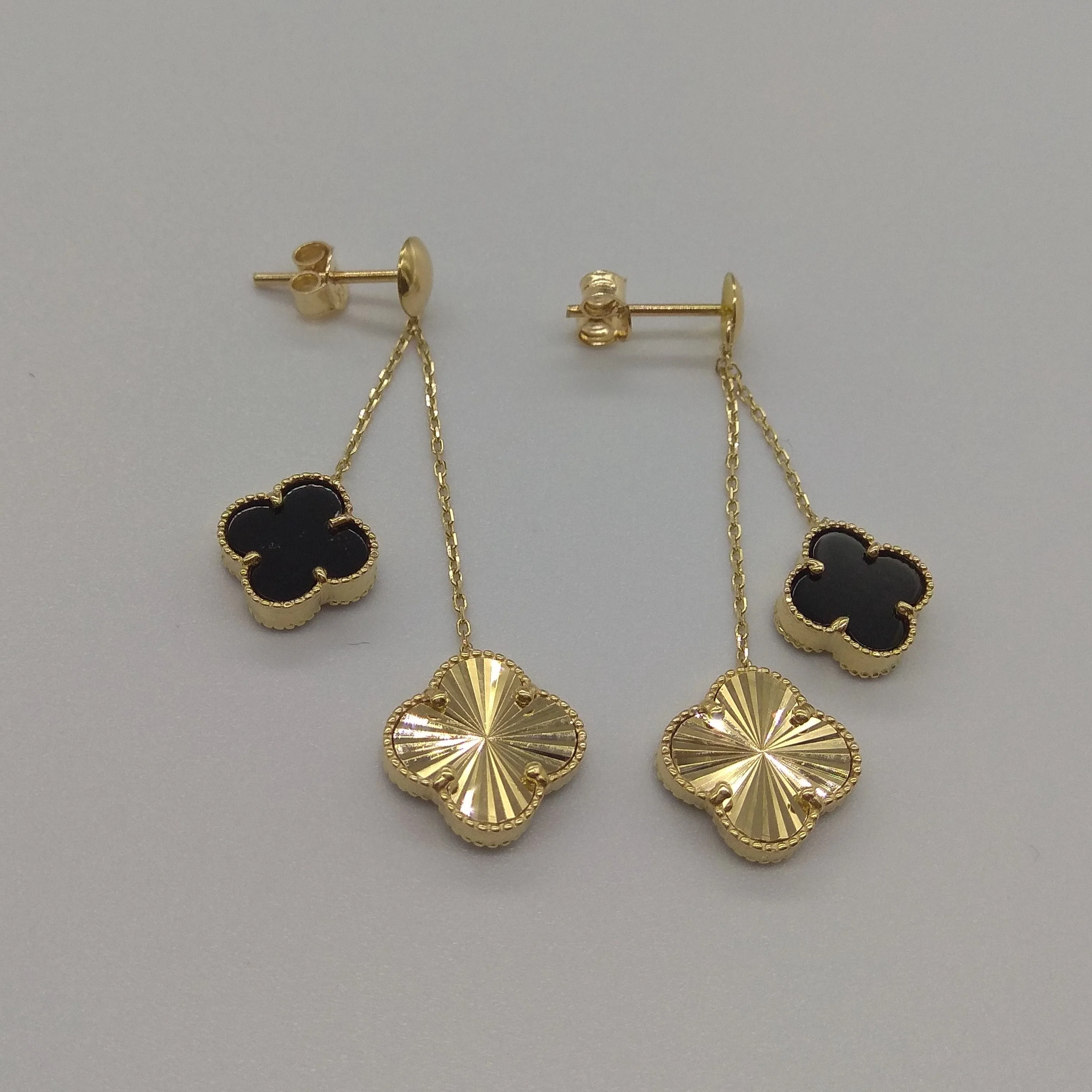 18K Pure Gold Dangling V.C Black Earring Set - Image 4