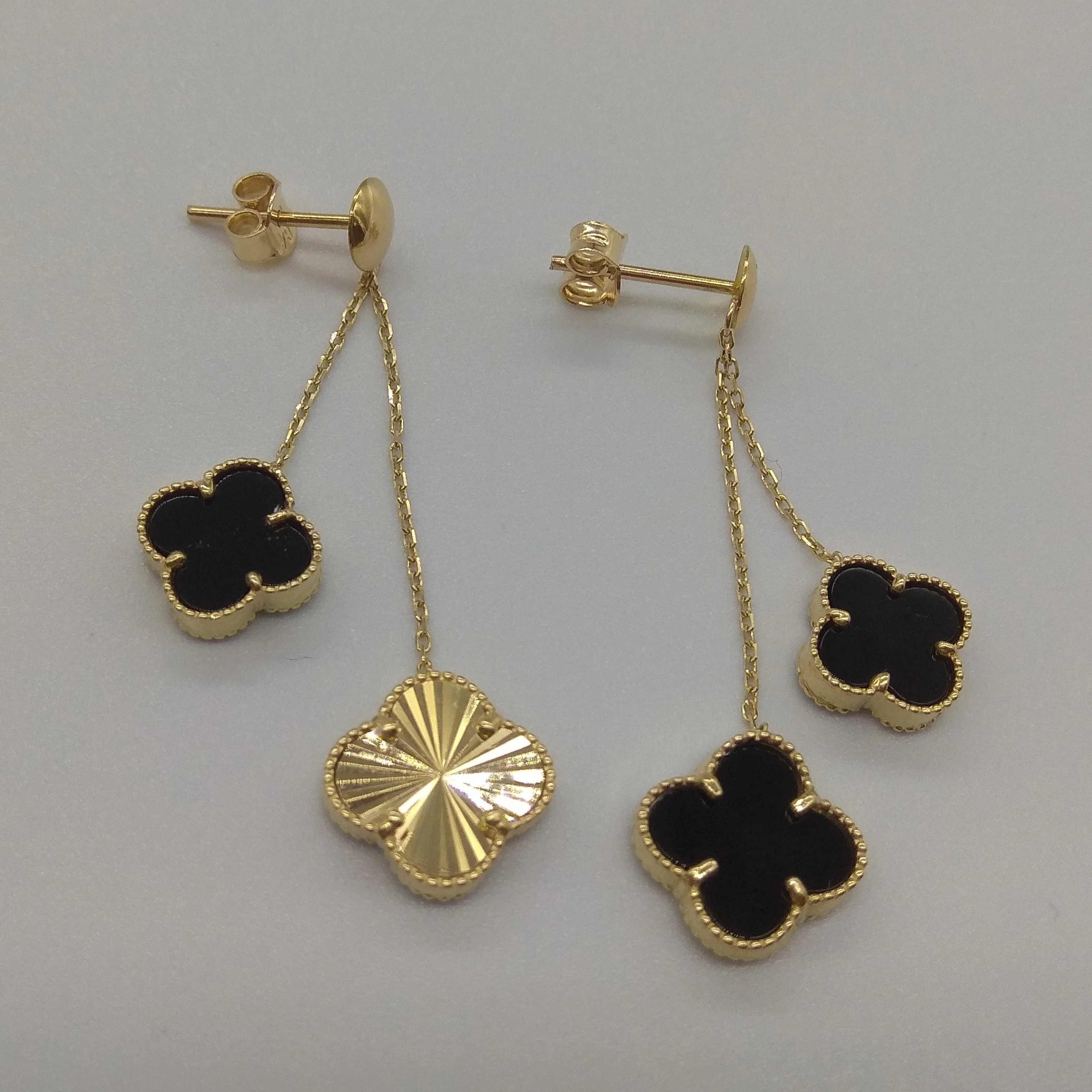 18K Pure Gold Dangling V.C Black Earring Set - Image 6