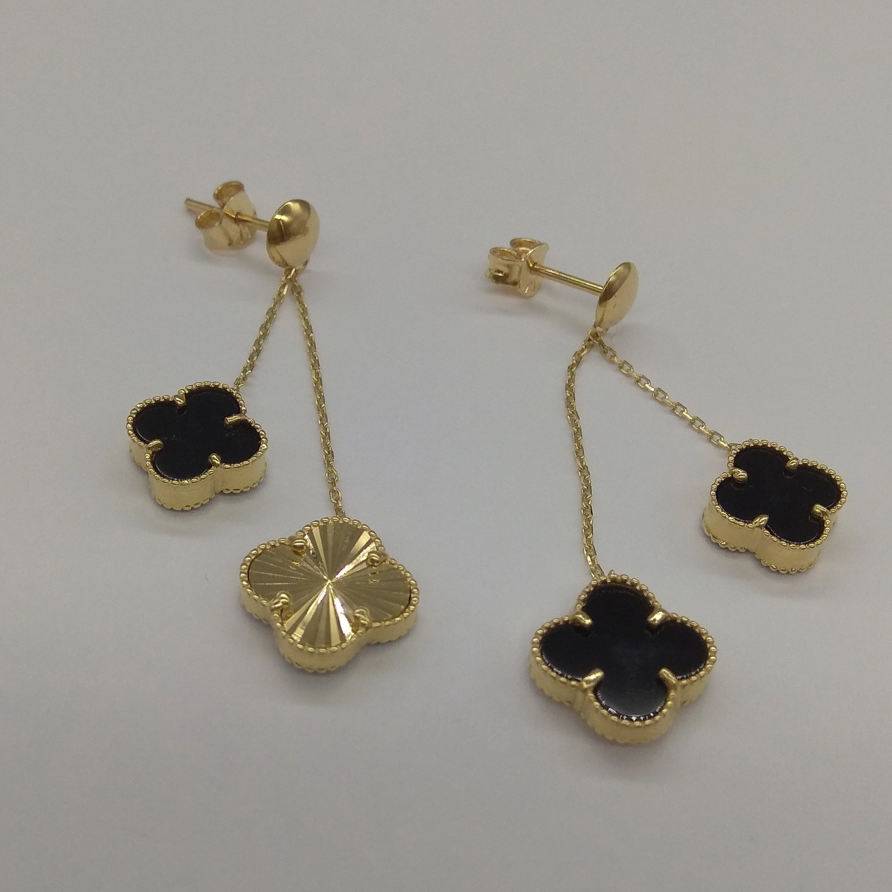 18K Pure Gold Dangling V.C Black Earring Set - Image 8