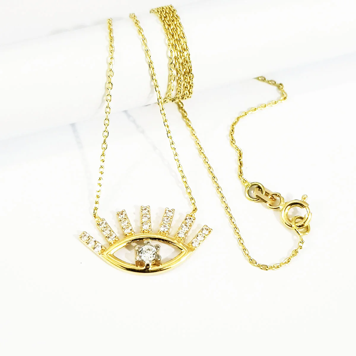 18K Pure Gold Eye Design w/ Zircon Stone Necklace - Image 6