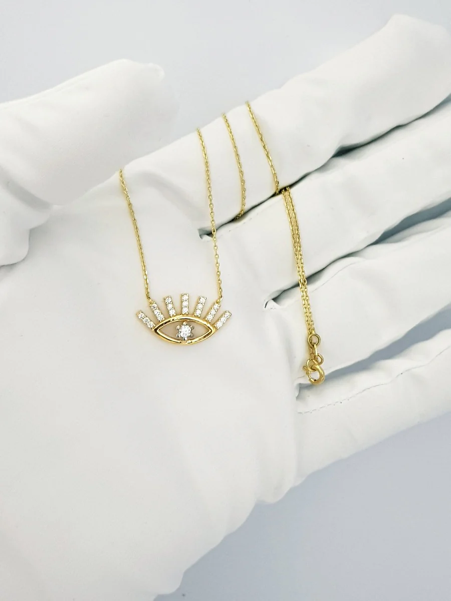 18K Pure Gold Eye Design w/ Zircon Stone Necklace - Image 7