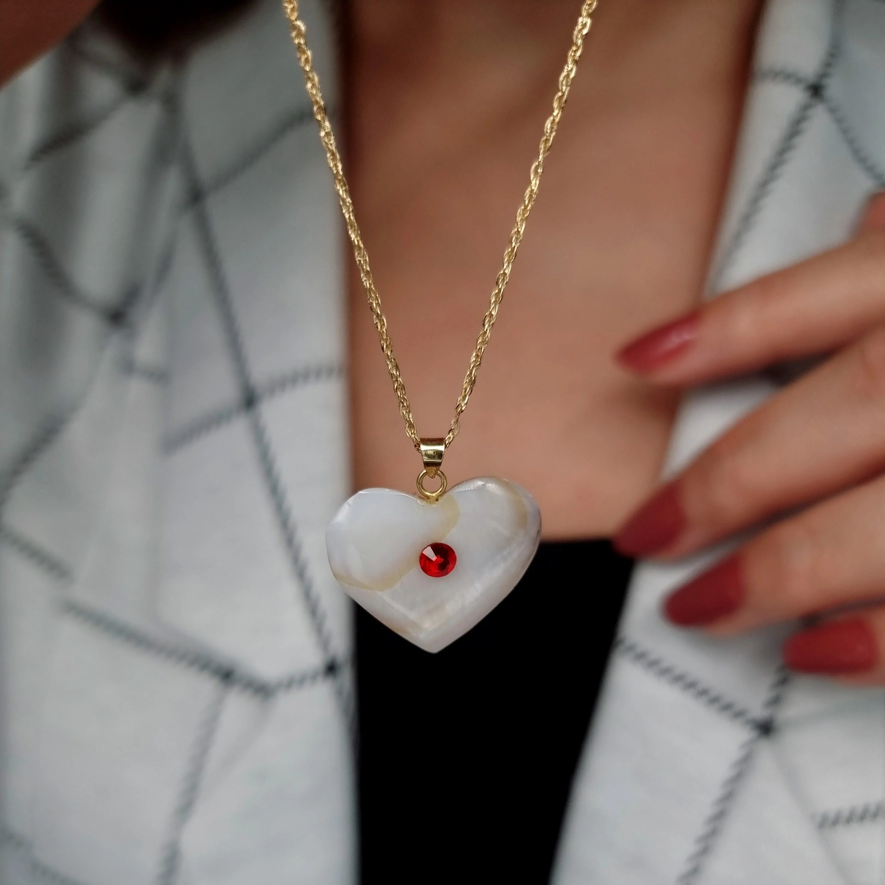 18K Pure Gold Heart Stone Necklace GNK687 - Image 6