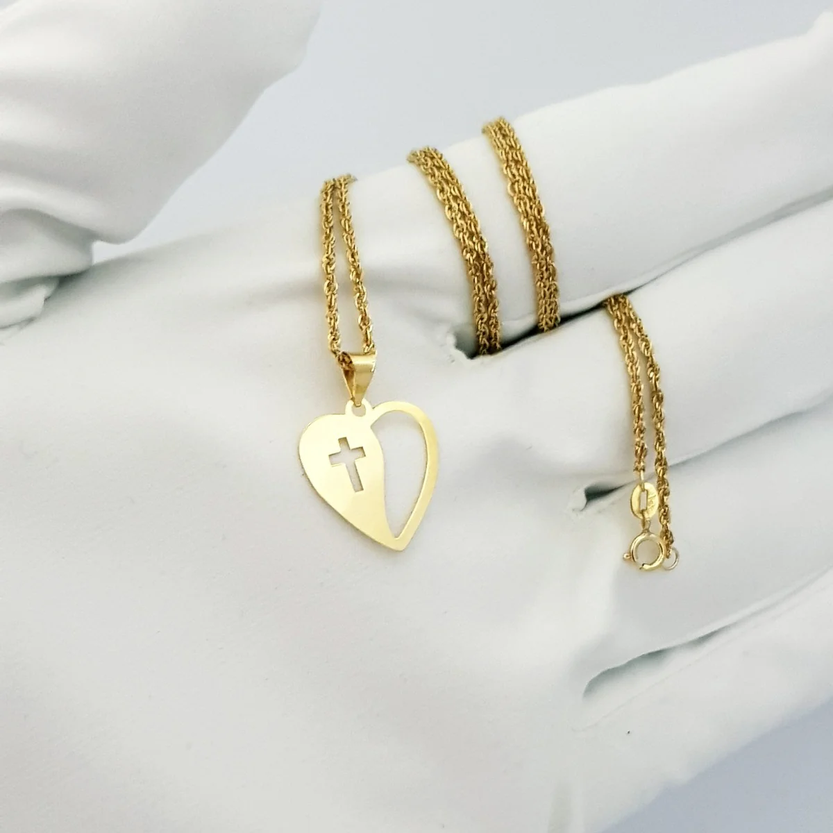 18K Pure Gold Heart w/ Cross Design Necklace - Image 5